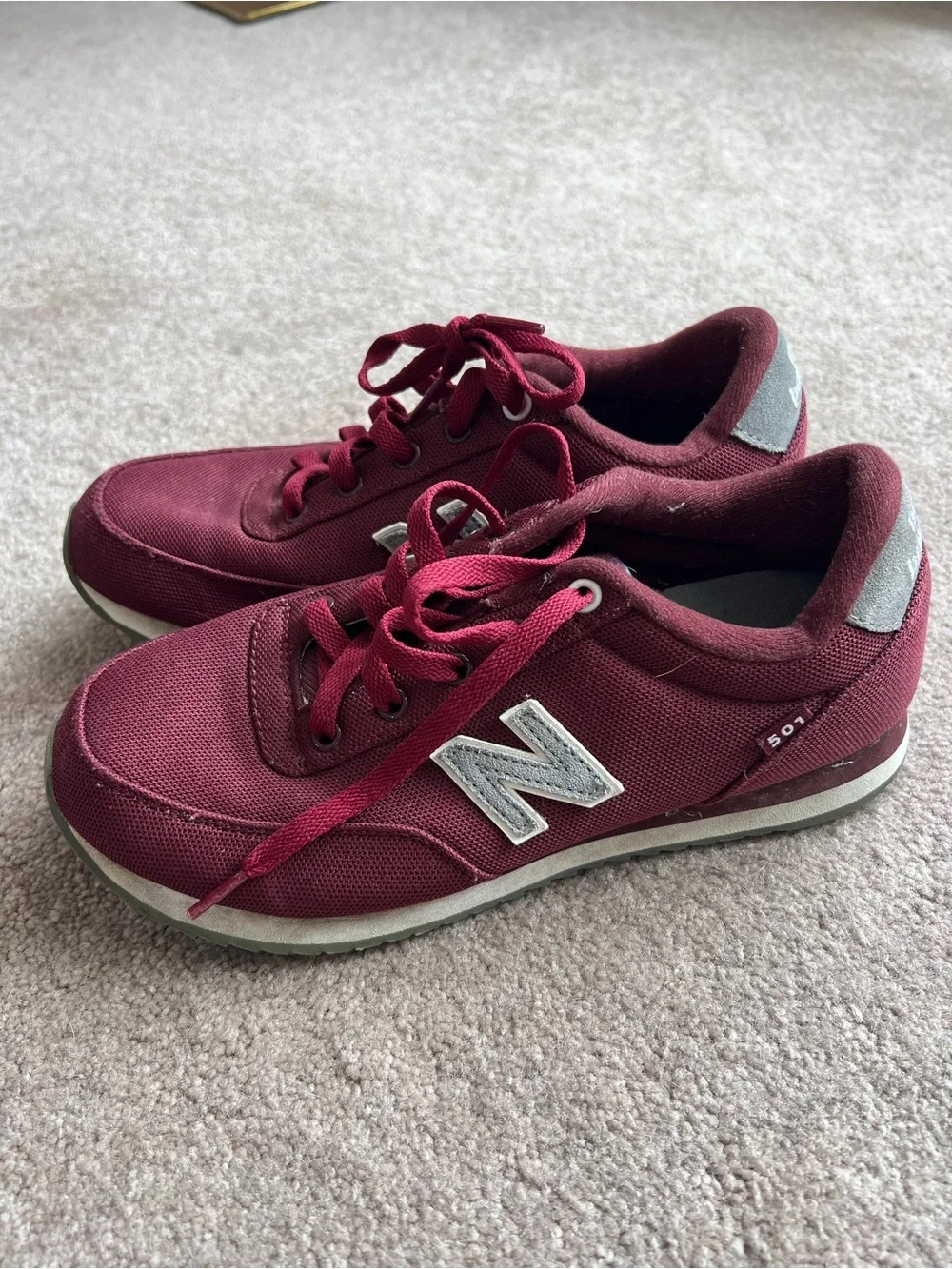 New Balance 501 Burgundy Canvas Sneakers with White 'N' Accent